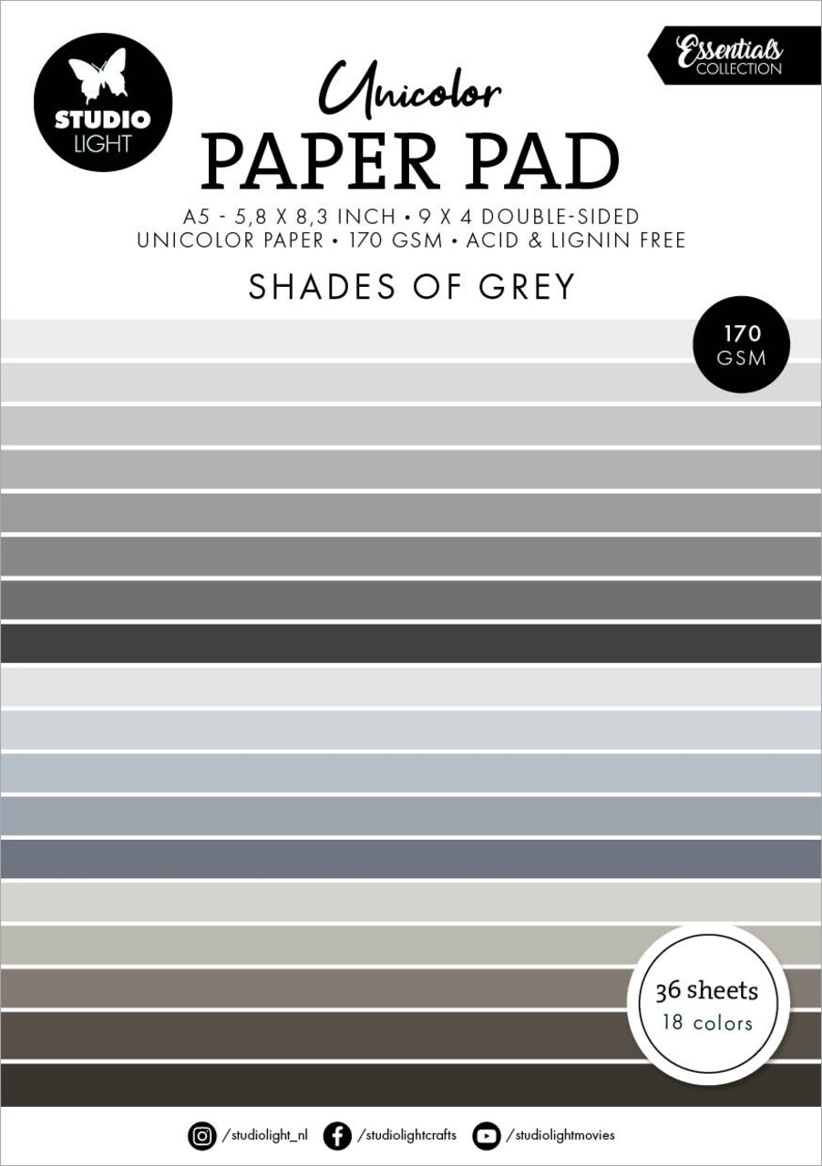 Studio Light Essentials Unicolor Paper Pad 5.82"X8.26" 36/Pk-Nr. 248, Shades Of Grey